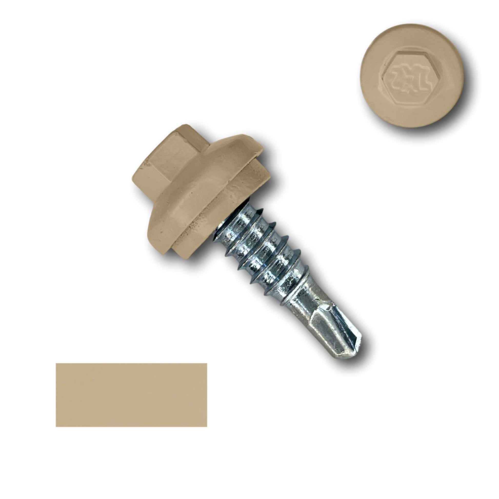 A beige hex washer head self-tapping screw with a sealing washer is shown. The image includes a close-up of the #14 x 7/8" Stitch Lap ZXL Dome Cap Metal Building Screws, Self-Drilling - 250 Pack and a rectangular swatch displaying the beige color. Designed for secure fastening, this partially threaded screw with a pointed end ensures efficient installation.