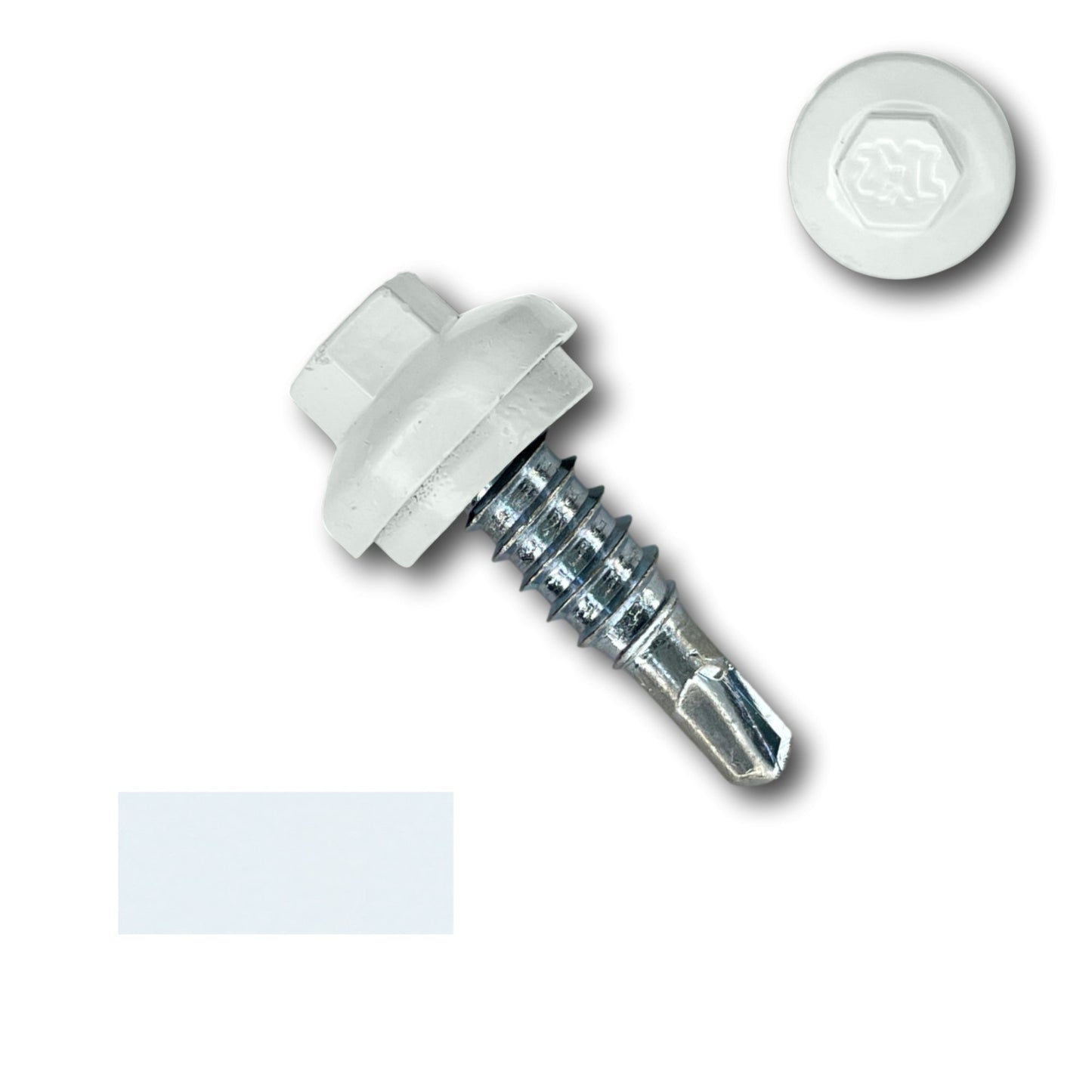 A #14 x 7/8" Stitch Lap ZXL Dome Cap Metal Building Screw, Self-Drilling from Perma Cover with a shiny silver body and a white hexagonal head. The screw appears to have a washer near the head for secure fastening. An identical screw head is shown next to it.