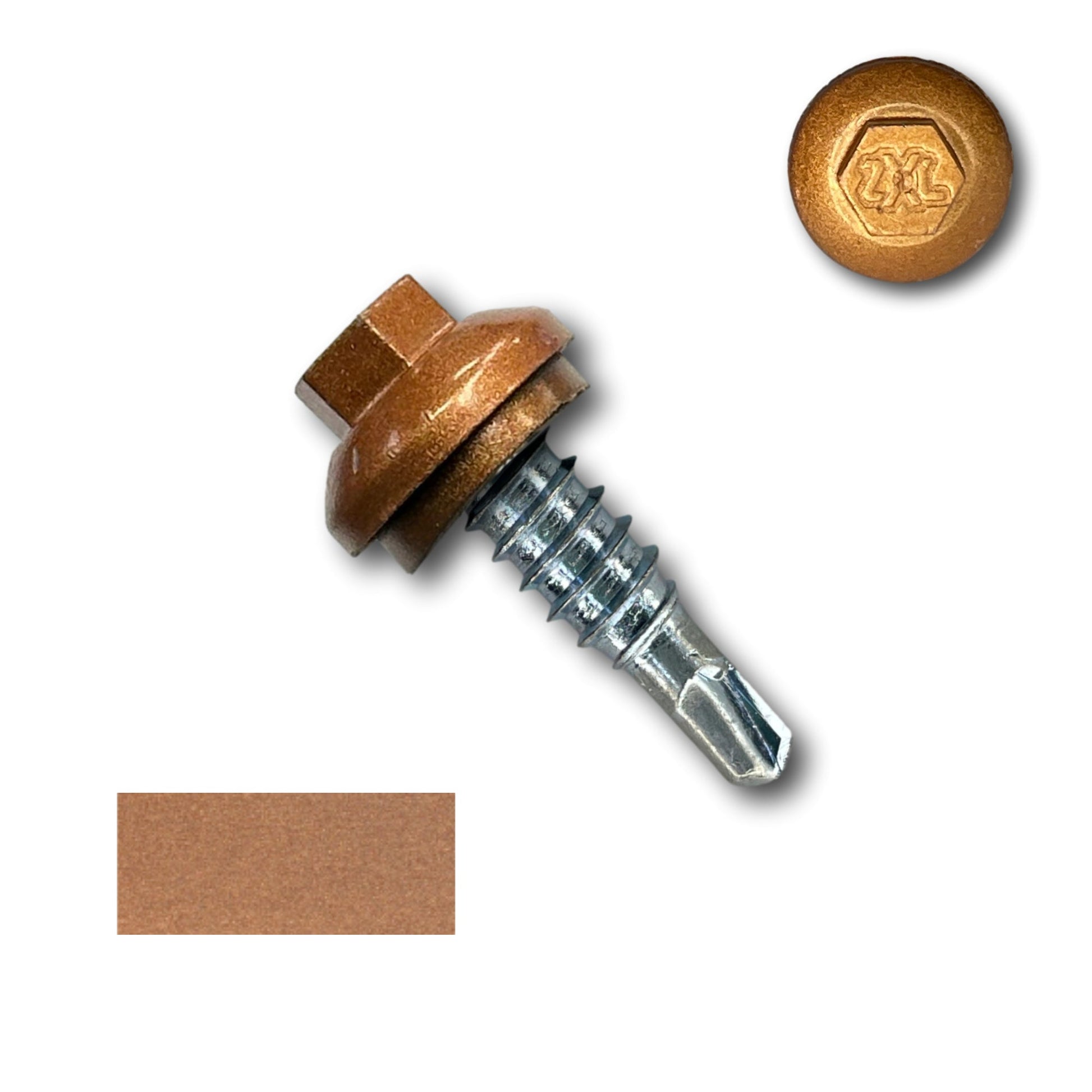 A #14 x 7/8" Stitch Lap ZXL Dome Cap Metal Building Screw, Self-Drilling - 250 Pack by Perma Cover with a bronze-colored hexagonal head is shown. A close-up of the top of the screw head and a rectangle of the same bronze color are also displayed next to it, ensuring secure fastening.