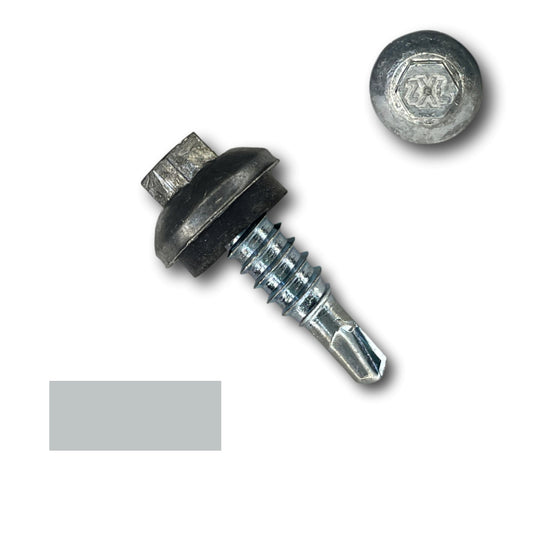 A Perma Cover #14 x 7/8" Stitch Lap ZXL Dome Cap Metal Building Screw, Self-Drilling - 250 Pack is shown, ensuring secure fastening. Above the screw is the head of a similar screw, displaying the markings "ZK." The background is white, with a small grey rectangle in the bottom left corner.