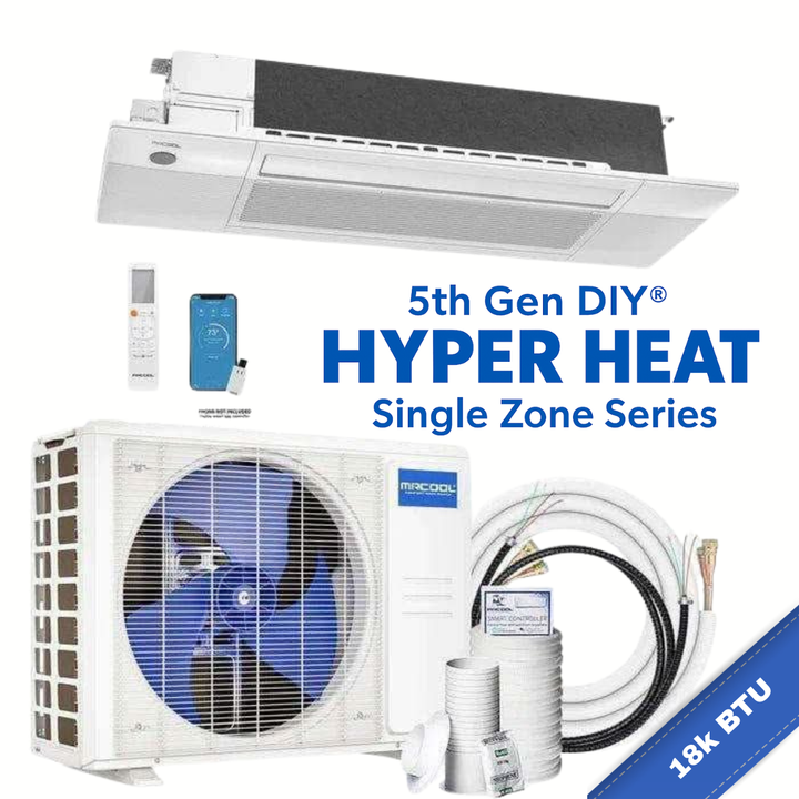 MRCOOL DIY Hyper Heat 18,000 BTU OuttaSight® ceiling cassette air handler for single zone mini split, recessed low-profile design ideal for larger rooms needing powerful heating and cooling.