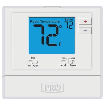 PRO-1 T721 Non-Programmable Thermostat – Front View with Blue Backlit Display