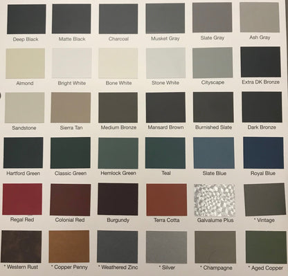 A color swatch chart displaying various paint colors on premium quality 24 gauge steel. Each color sample, perfect for easy installation in settings like Perma Cover Commercial Series - 24 Gauge Line Set Cover Side Turning Elbows - Premium Quality, is labeled with shades such as Deep Black, Matte Black, Charcoal, Musket Gray, Slate Gray, Ash Gray, Almond, Bright White, Bone White, Stone White and many more.
