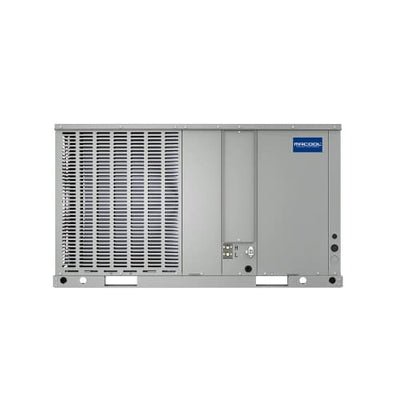 MRCOOL packaged heat pump shown from the condenser-coil side