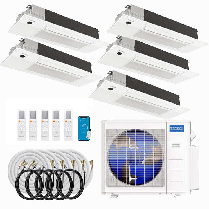 MRCOOL DIY multi-zone system with ceiling cassette indoor units, outdoor condenser, line sets and controls