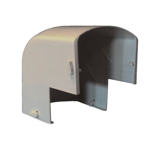 Gray 4.5-inch Exterior 90 fitting for outside corners in HVAC line set covers, one-piece and UV-resistant.