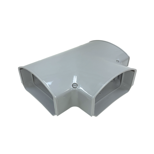 Gray 4.5-inch TEE fitting for splitting line set cover channels into two directions, designed for multi-zone HVAC applications