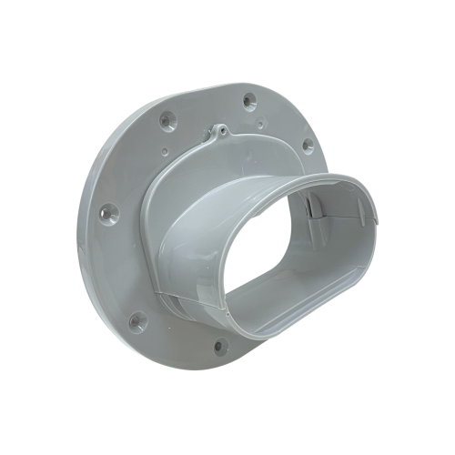 White 4.5-inch wall flange compatible with flexible elbows, offering a UV-resistant, adjustable design for HVAC line set installations