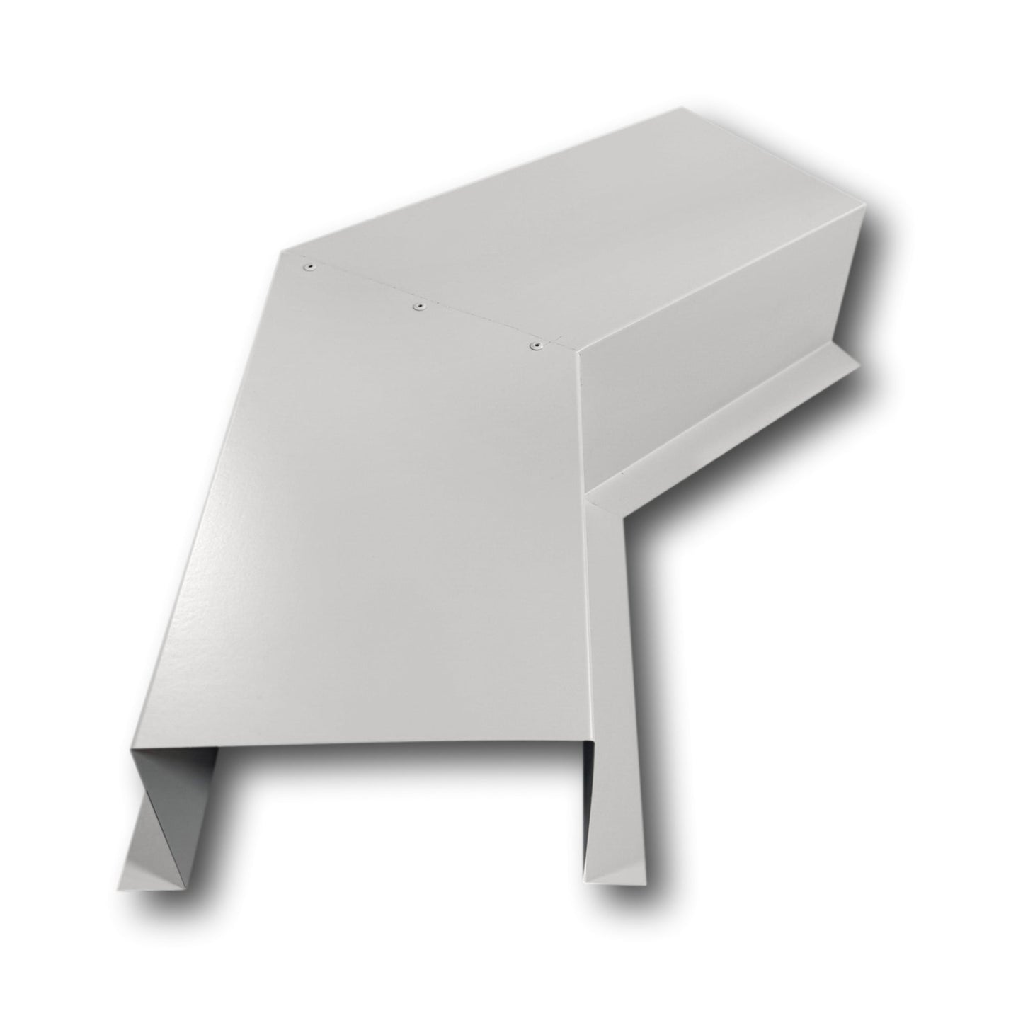 A PermaCover Metal HVAC Line Set Cover 45° Side Turning Elbow that is made to attach to exterior walls to cover existing HVAC line sets. The elbow is made from 26 Gauge Painted Steel and is Ash Gray in color. 