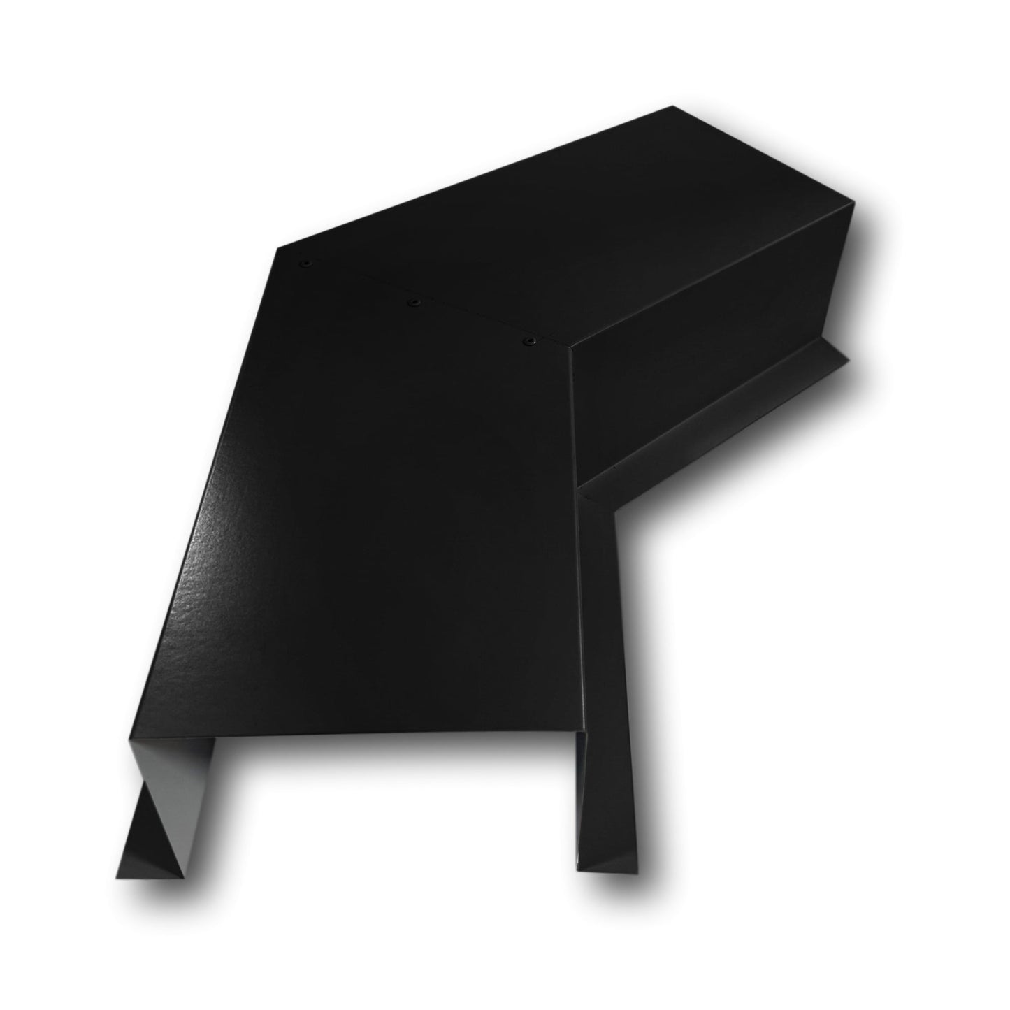 A PermaCover Metal HVAC Line Set Cover 45° Side Turning Elbow that is made to attach to exterior walls to cover existing HVAC line sets. The elbow is made from 26 Gauge Painted Steel and is Black in color. 