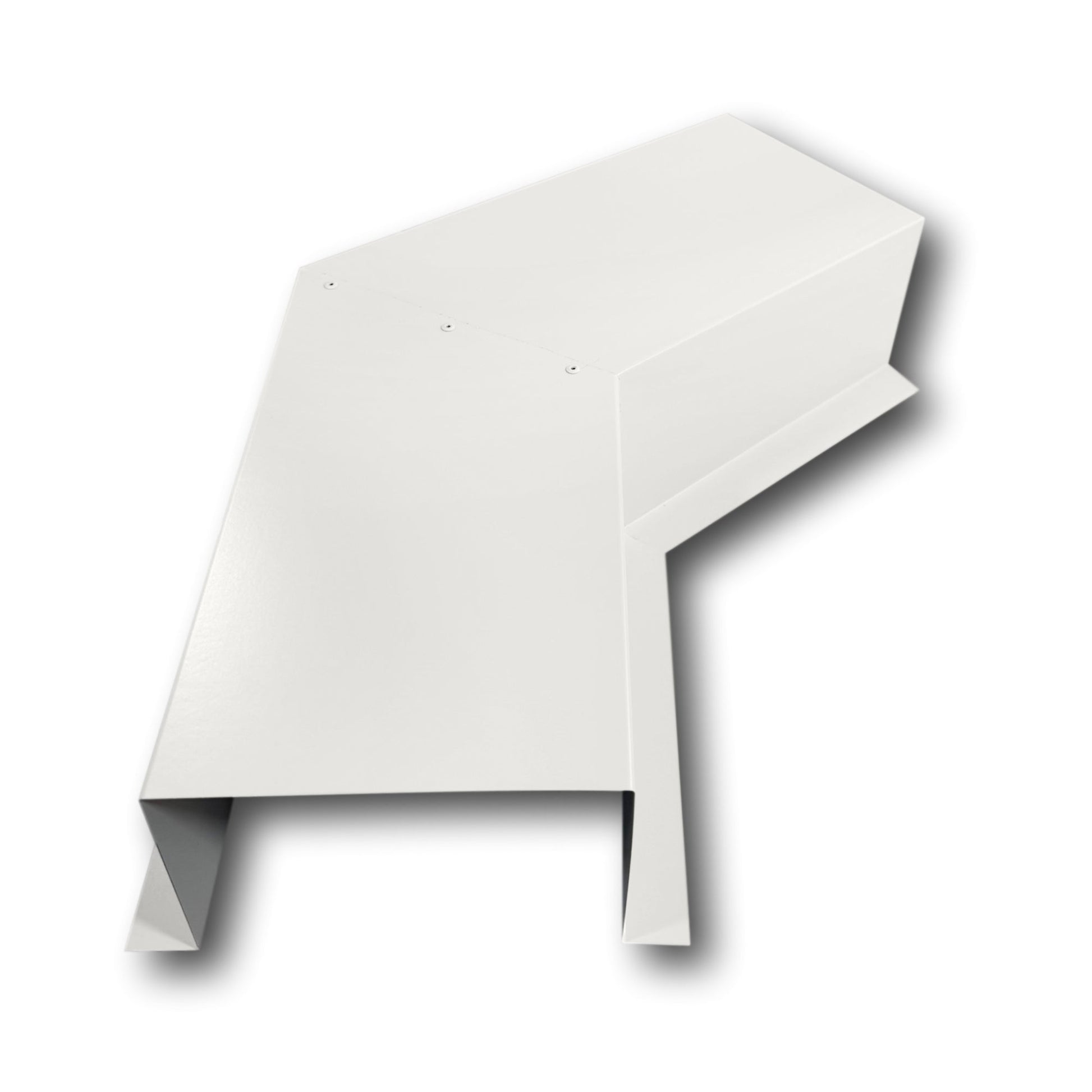 A PermaCover Metal HVAC Line Set Cover 45° Side Turning Elbow that is made to attach to exterior walls to cover existing HVAC line sets. The elbow is made from 24 Gauge Painted Steel and is Bone White in color. 