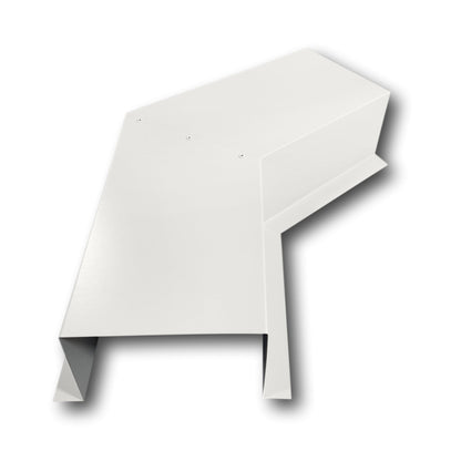 A PermaCover Metal HVAC Line Set Cover 45° Side Turning Elbow that is made to attach to exterior walls to cover existing HVAC line sets. The elbow is made from 24 Gauge Painted Steel and is Bone White in color. 