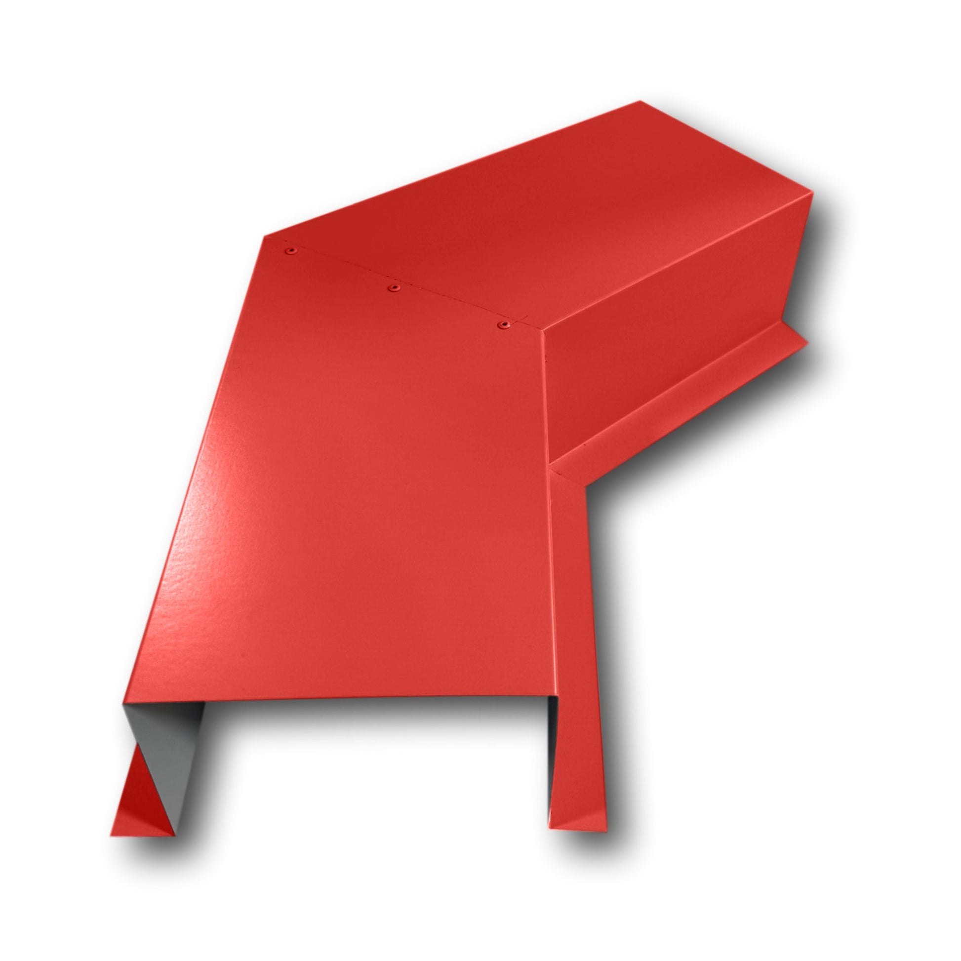 A PermaCover Metal HVAC Line Set Cover 45° Side Turning Elbow that is made to attach to exterior walls to cover existing HVAC line sets. The elbow is made from 26 Gauge Painted Steel and is Bright Red in color. 