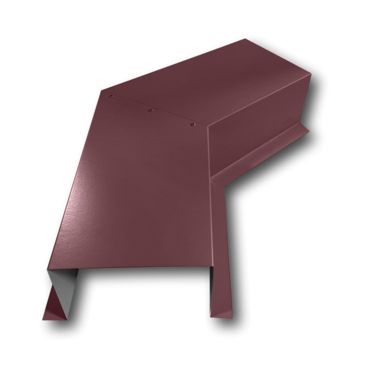 A PermaCover Metal HVAC Line Set Cover 45° Side Turning Elbow that is made to attach to exterior walls to cover existing HVAC line sets. The elbow is made from 26 Gauge Painted Steel and is Burgundy in color. 