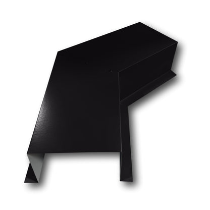A PermaCover Metal HVAC Line Set Cover 45° Side Turning Elbow that is made to attach to exterior walls to cover existing HVAC line sets. The elbow is made from 24 Gauge Painted Steel and is Deep Black in color. 