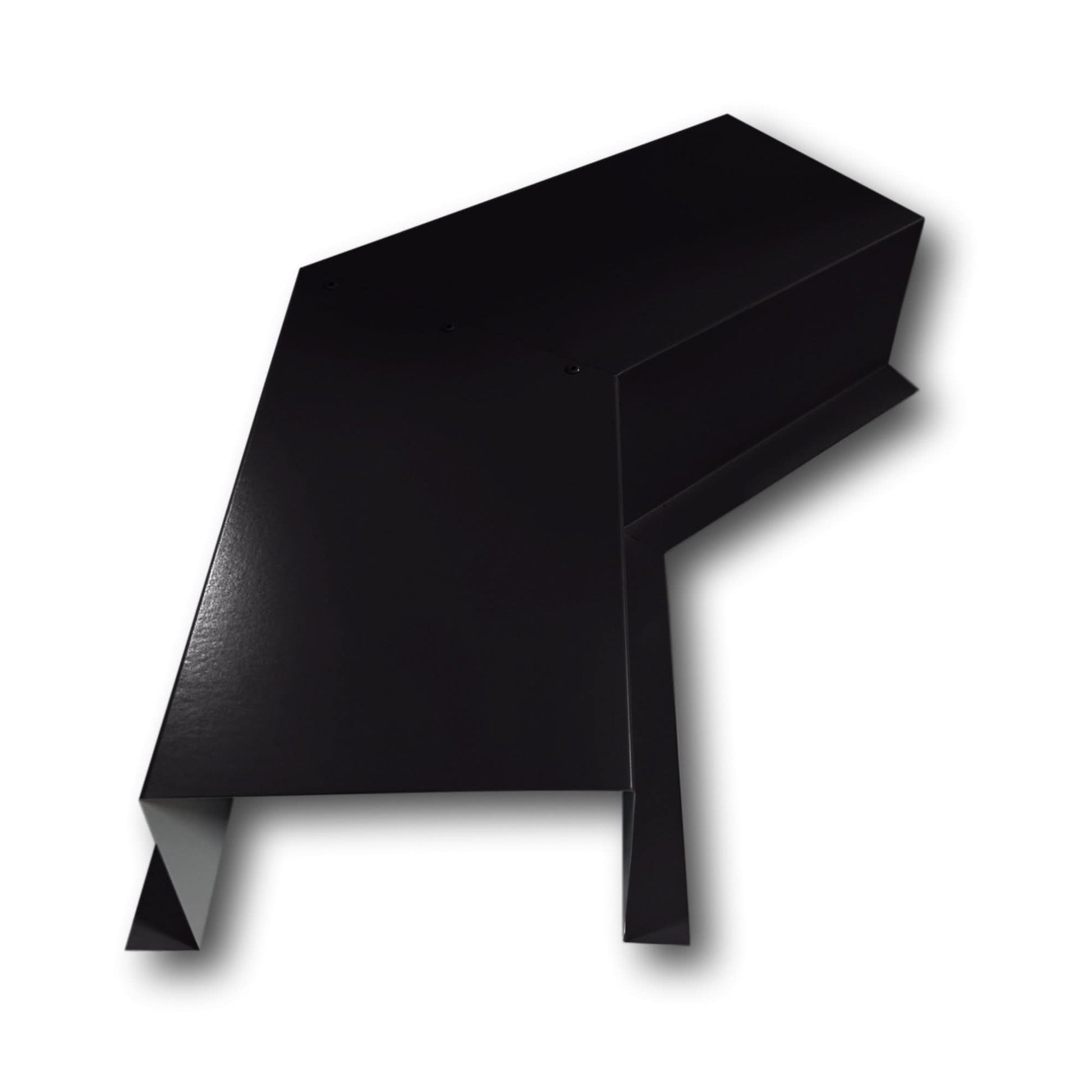 A PermaCover Metal HVAC Line Set Cover 45° Side Turning Elbow that is made to attach to exterior walls to cover existing HVAC line sets. The elbow is made from 24 Gauge Painted Steel and is Deep Black in color. 