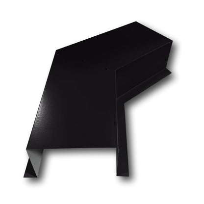 A PermaCover Metal HVAC Line Set Cover 45° Side Turning Elbow that is made to attach to exterior walls to cover existing HVAC line sets. The elbow is made from 24 Gauge Painted Steel and is Deep Black in color. 