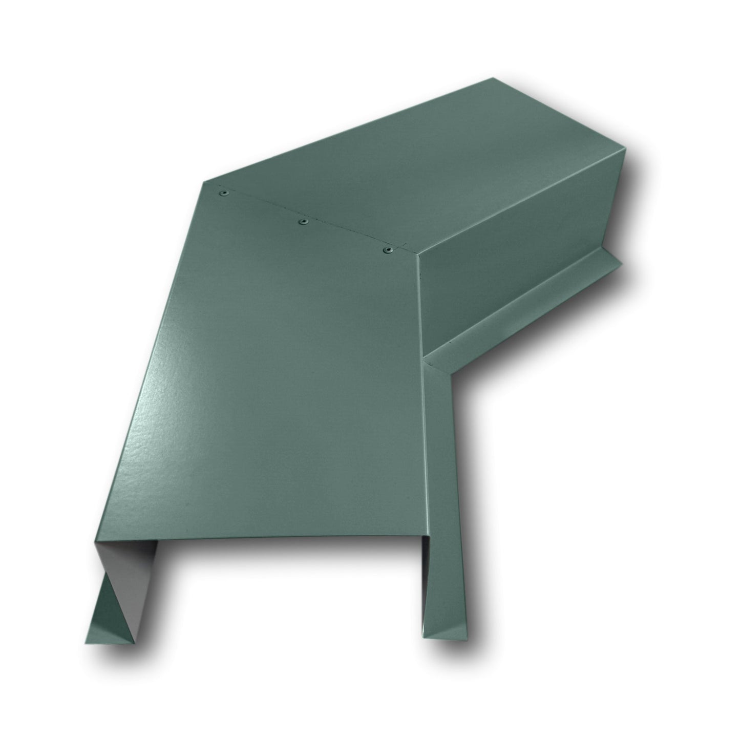 A PermaCover Metal HVAC Line Set Cover 45° Side Turning Elbow that is made to attach to exterior walls to cover existing HVAC line sets. The elbow is made from 24 Gauge Painted Steel and is Hemlock Green in color. 