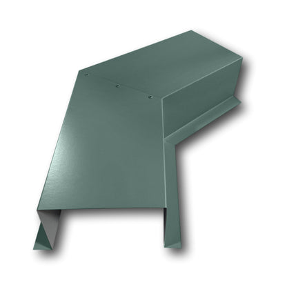 A PermaCover Metal HVAC Line Set Cover 45° Side Turning Elbow that is made to attach to exterior walls to cover existing HVAC line sets. The elbow is made from 24 Gauge Painted Steel and is Hemlock Green in color. 