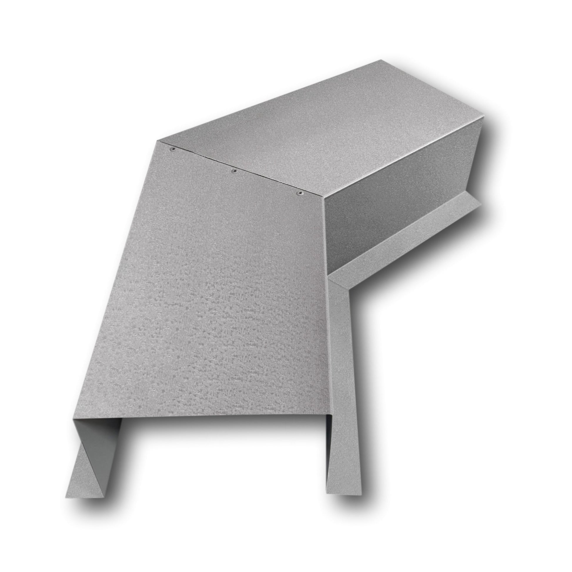 A PermaCover Metal HVAC Line Set Cover 45° Side Turning Elbow that is made to attach to exterior walls to cover existing HVAC line sets. The elbow is made from 24 Gauge Painted Steel and is Silver in color. 