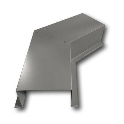 A PermaCover Metal HVAC Line Set Cover 45° Side Turning Elbow that is made to attach to exterior walls to cover existing HVAC line sets. The elbow is made from 24 Gauge Painted Steel and is Slate Gray in color. 