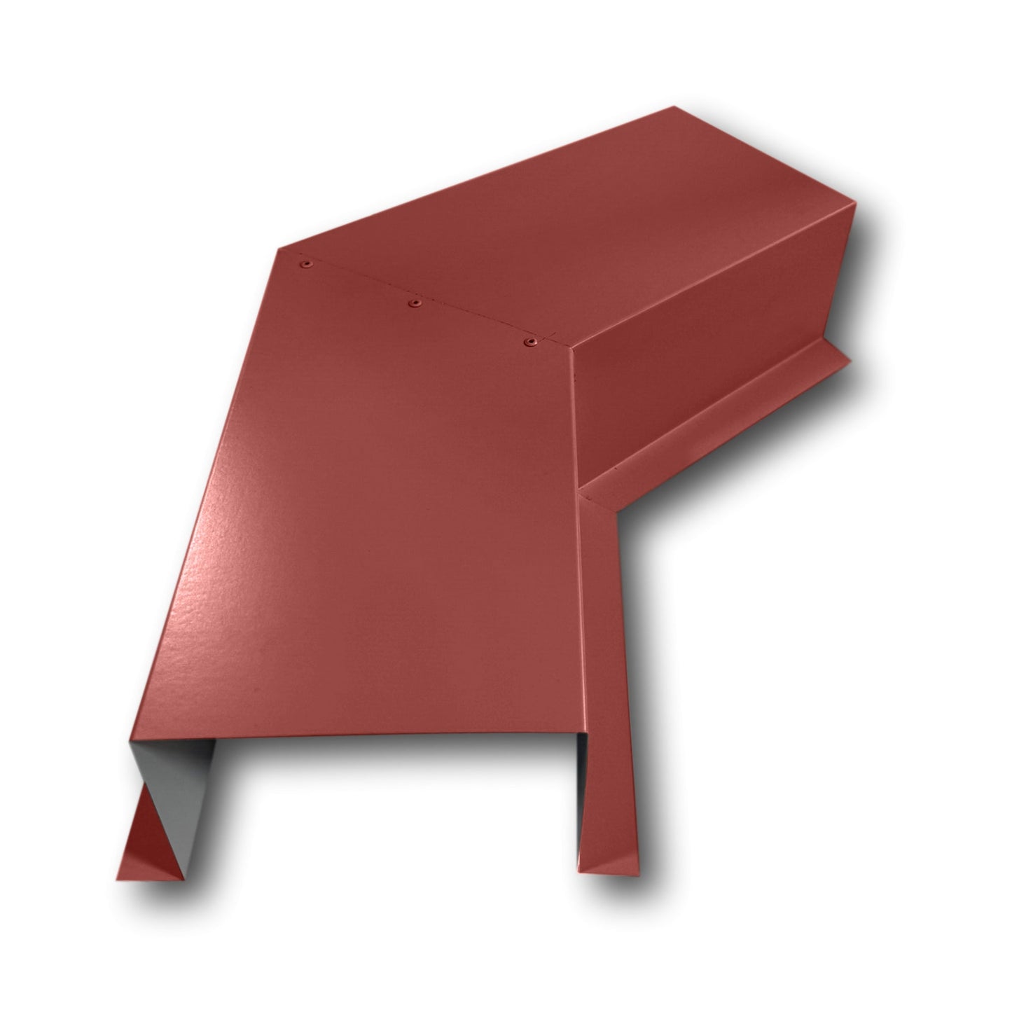 A PermaCover Metal HVAC Line Set Cover 45° Side Turning Elbow that is made to attach to exterior walls to cover existing HVAC line sets. The elbow is made from 24 Gauge Painted Steel and is Terra Cotta in color. 