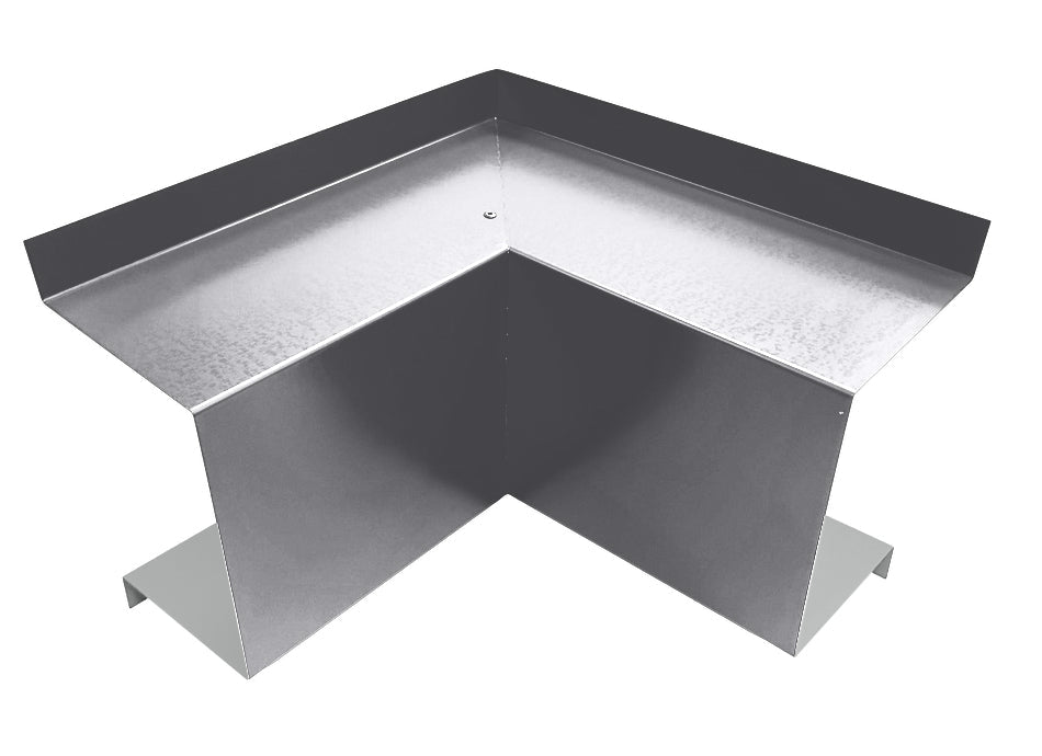 A Residential Series - Line Set Cover Inside Corner Elbows - Premium Quality piece by Perma Cover is shown. It is L-shaped and designed to fit at the intersection of two perpendicular surfaces, commonly used in roofing or HVAC installations to prevent water infiltration. The piece has a durable and industrial finish.