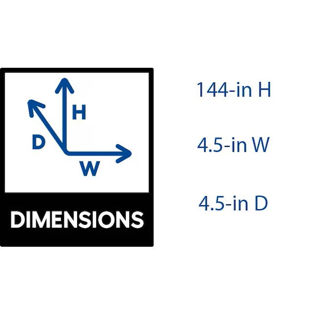 A graphic showing dimensions with a large arrow depicting height (H), width (W), and depth (D). The values listed next to the arrows are: 144 inches for height, 4.5 inches for width, and 4.5 inches for depth. "DIMENSIONS" appears at the bottom, ideal for an installation of the MRCOOL DIY Direct product, the MRCOOL LineGuard 4.5-Inch 16-Piece Complete Line Set Cover Kit for Ductless Mini-Split or Central System (MLG450).