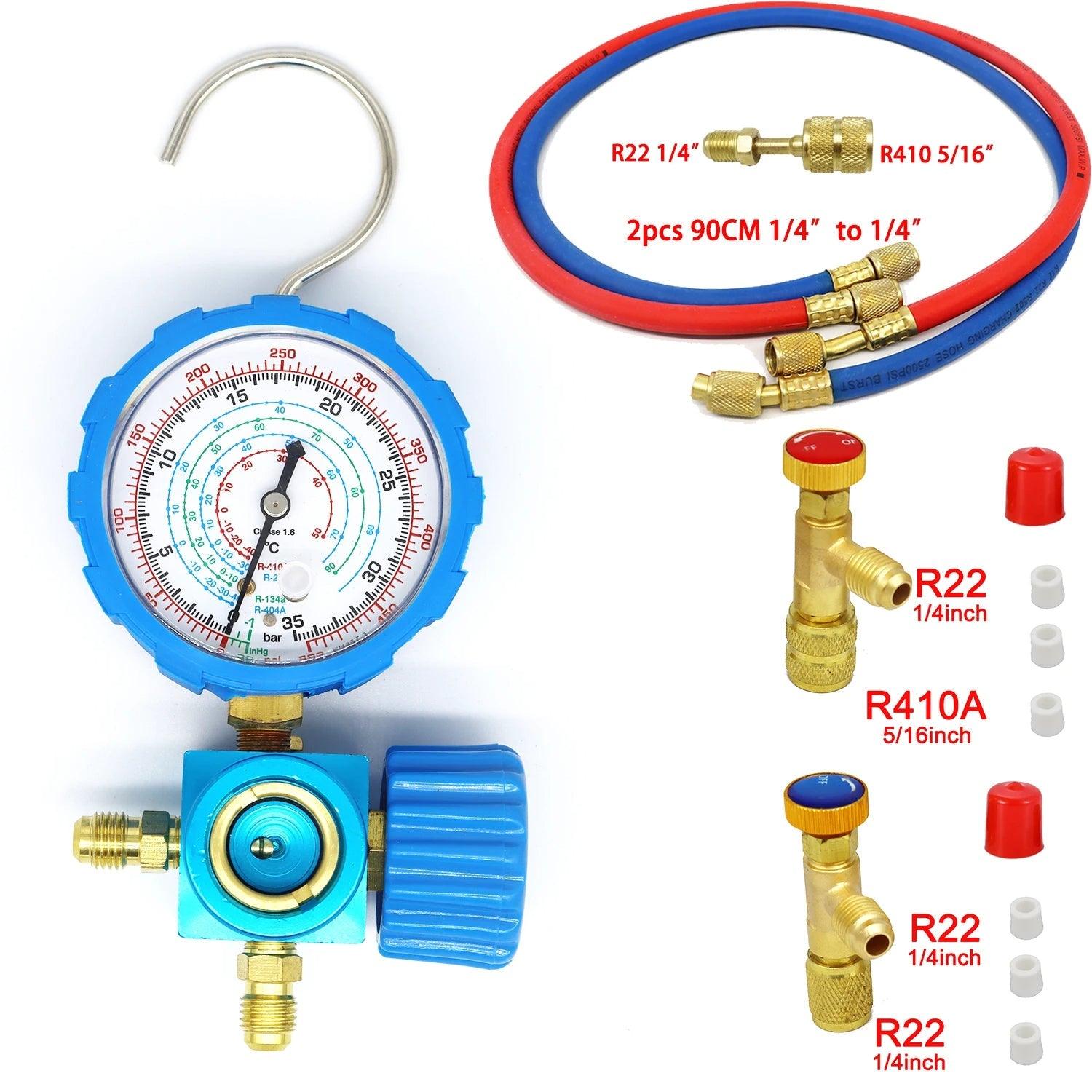 Air Conditioner Manifold Gauge for R22, R410A, R134A, R404A with Hoses, Sight Glass and Adapters - 