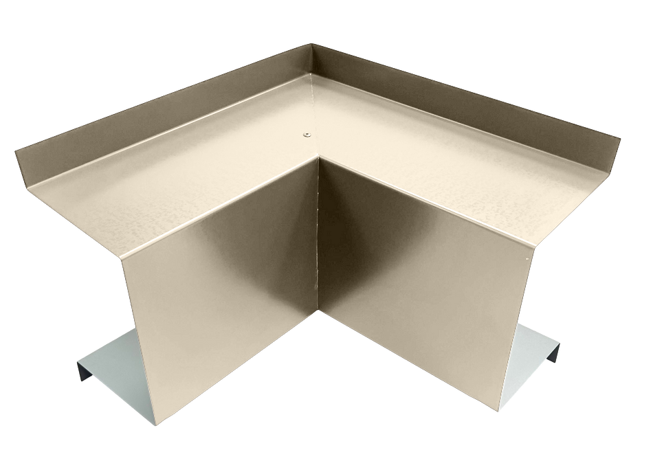 A Commercial Series - 24 Gauge Line Set Cover Inside Corner Elbows - Premium Quality with a premium quality, modern, minimalist design. The Perma Cover product is structured in an L-shape, featuring clean lines and a brushed metal finish. It appears to be sturdy and intended for use in a corner of a room.