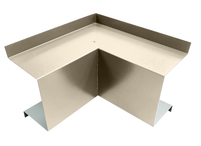 A Commercial Series - 24 Gauge Line Set Cover Inside Corner Elbows - Premium Quality with a premium quality, modern, minimalist design. The Perma Cover product is structured in an L-shape, featuring clean lines and a brushed metal finish. It appears to be sturdy and intended for use in a corner of a room.