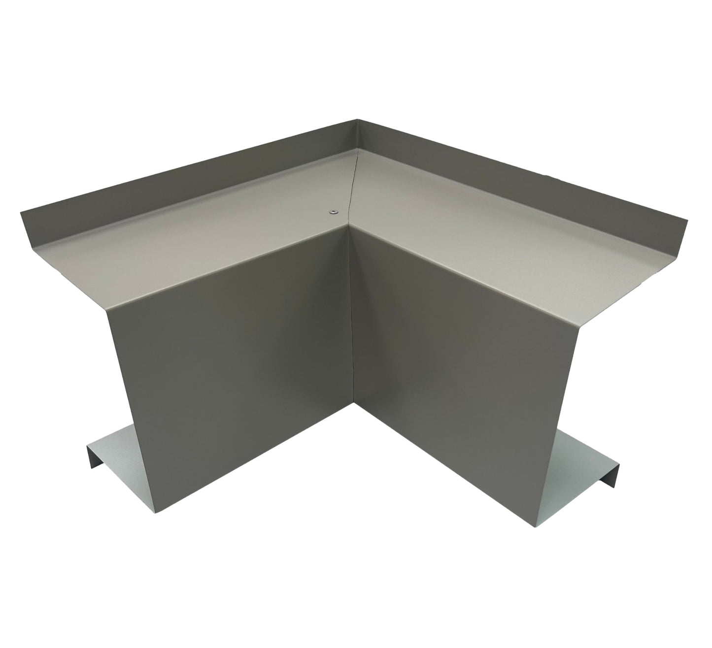 A Residential Series - Line Set Cover Inside Corner Elbows - Premium Quality by Perma Cover in a V-shaped design, used for sealing the intersection where two roof slopes meet at different angles. The gray flashing is essential for preventing water infiltration at roof junctions, much like line set covers protect HVAC installations.