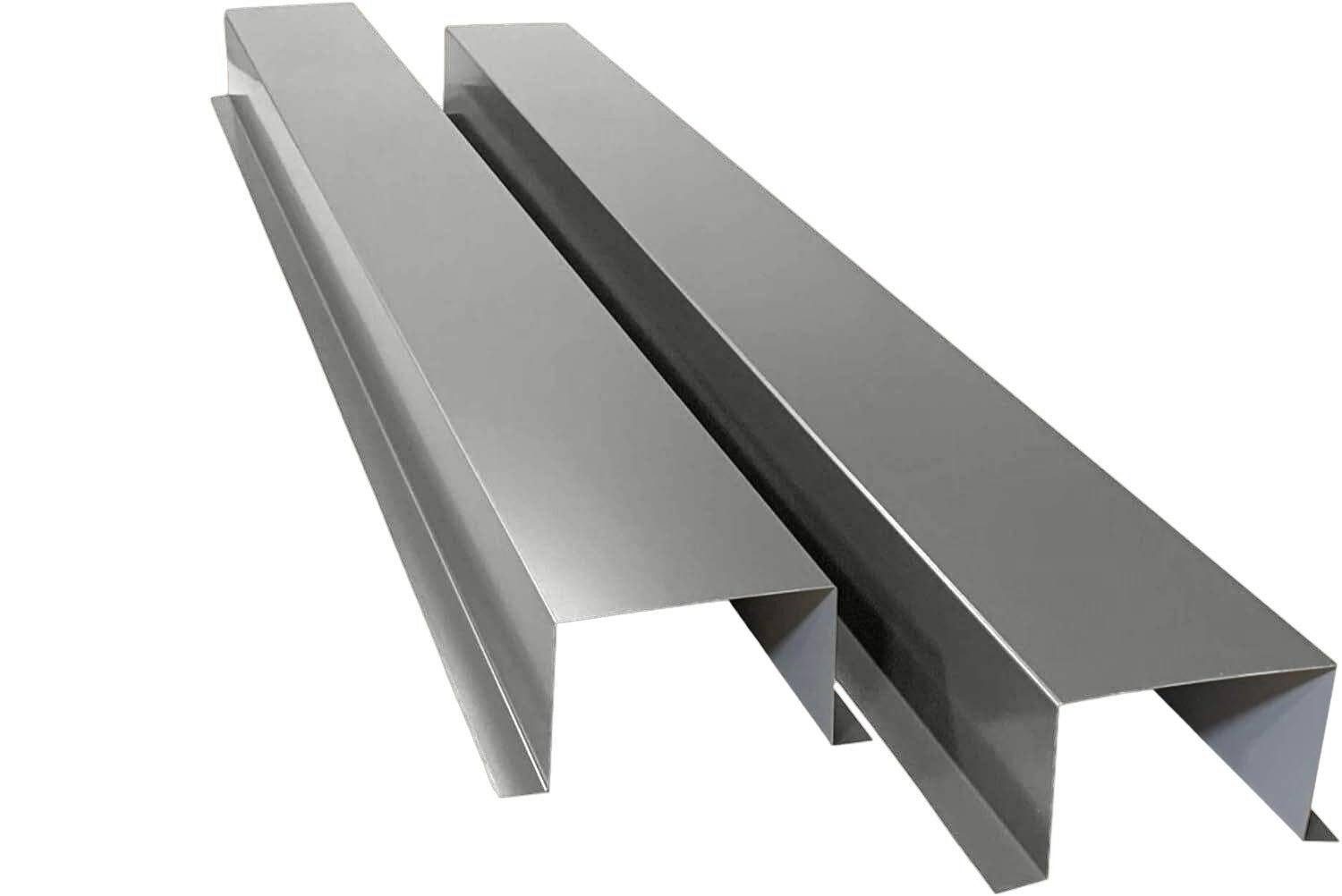 Two pieces of shiny, silver-colored metal channels with a U-shaped profile are placed side by side. The smooth surfaces and clean edges suggest they are part of the Perma Cover Commercial Series - 24 Gauge Painted Metal HVAC Line Set Covers - Heavy Duty, Multiple Sizes & Colors for reliable HVAC line protection in construction or manufacturing applications.