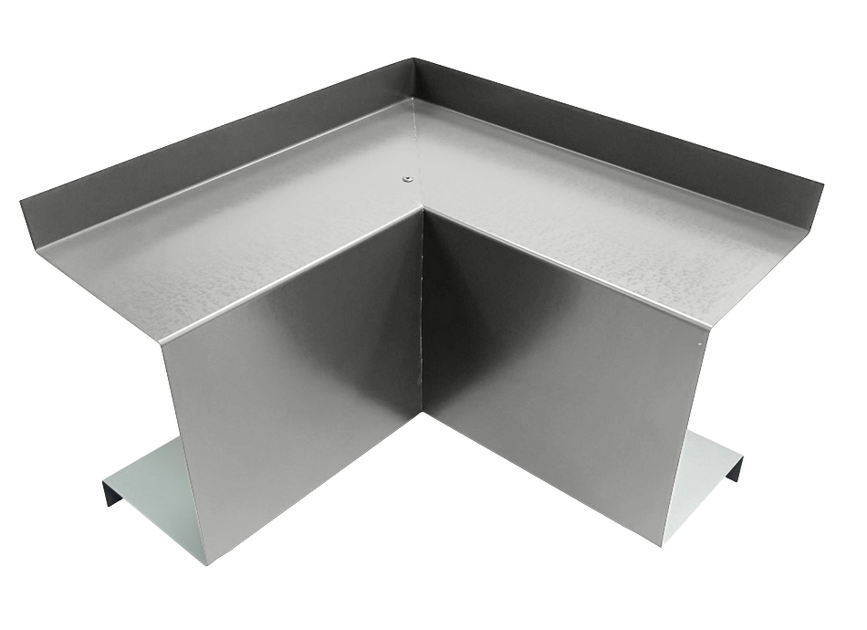 A premium quality Perma Cover Commercial Series - 24 Gauge Line Set Cover Inside Corner Elbows - Premium Quality, with an L-shaped design, featuring flanged edges on top and bottom for mounting. The guard has a smooth, shiny surface and is designed to protect inside corner elbows from damage.