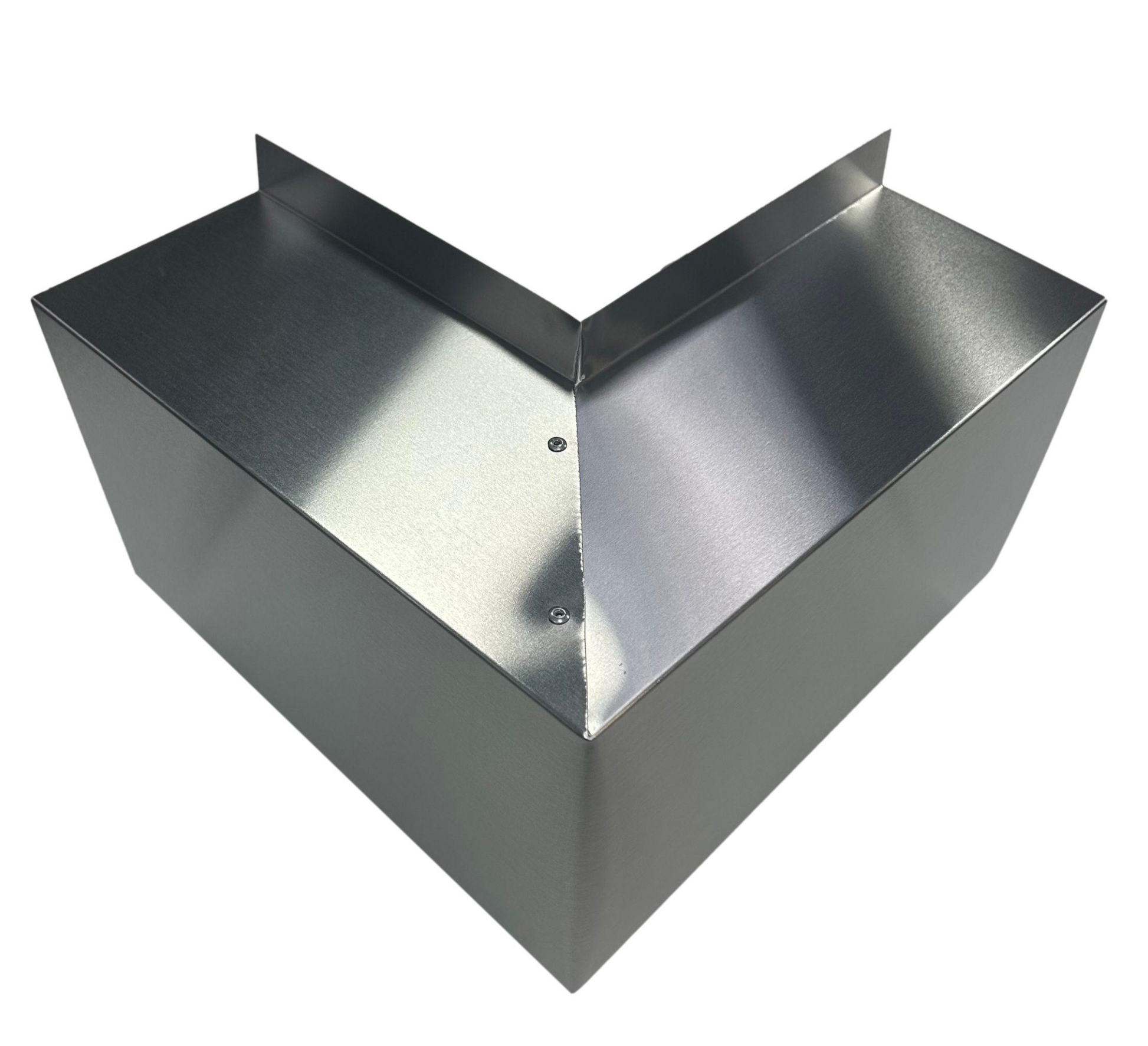 A Perma Cover Residential Series - Line Set Cover Outside Corner Elbows - Premium Quality, designed to protect wall corners from damage. The V-shaped guard features sharp angles and premium quality elbows, with two rivets securing a strip of metal along the top edge. Its slightly reflective surface ensures both durability and style.
