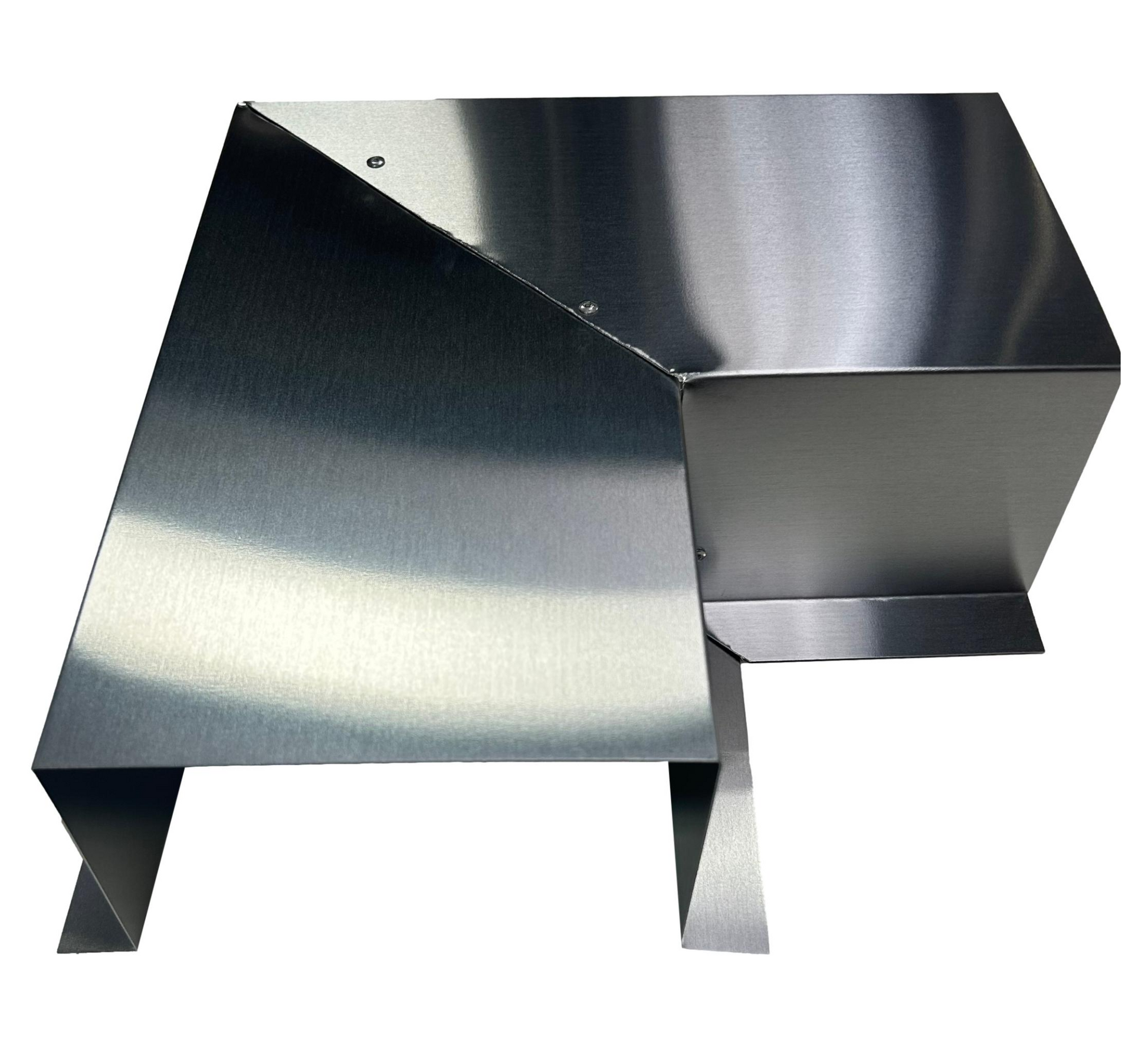 A shiny metallic bracket with an angular design. The structure includes flat surfaces and right angles, creating a modern and industrial look. The metal has a brushed texture, displaying a clean and polished finish, ensuring easy installation for HVAC line sets or Perma Cover Residential Series - Line Set Cover Side Turning Elbows - Premium Quality.