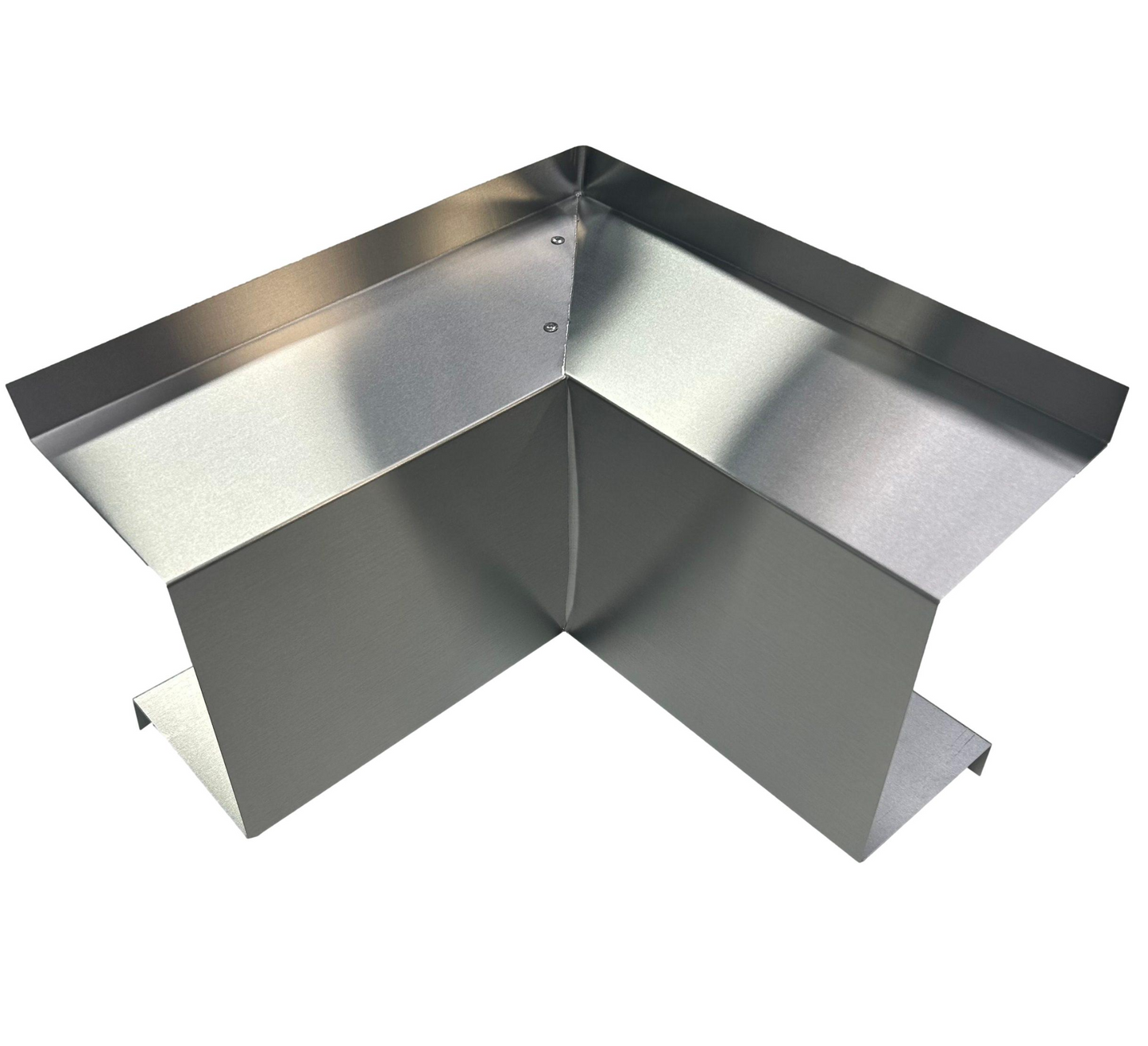 A Perma Cover Residential Series - Line Set Cover Inside Corner Elbows - Premium Quality, with a shiny, reflective surface, is designed for connecting two surfaces at a right angle. Perfect for HVAC installations, this inside corner elbow boasts a sleek, modern appearance with precise edges and a uniform finish.