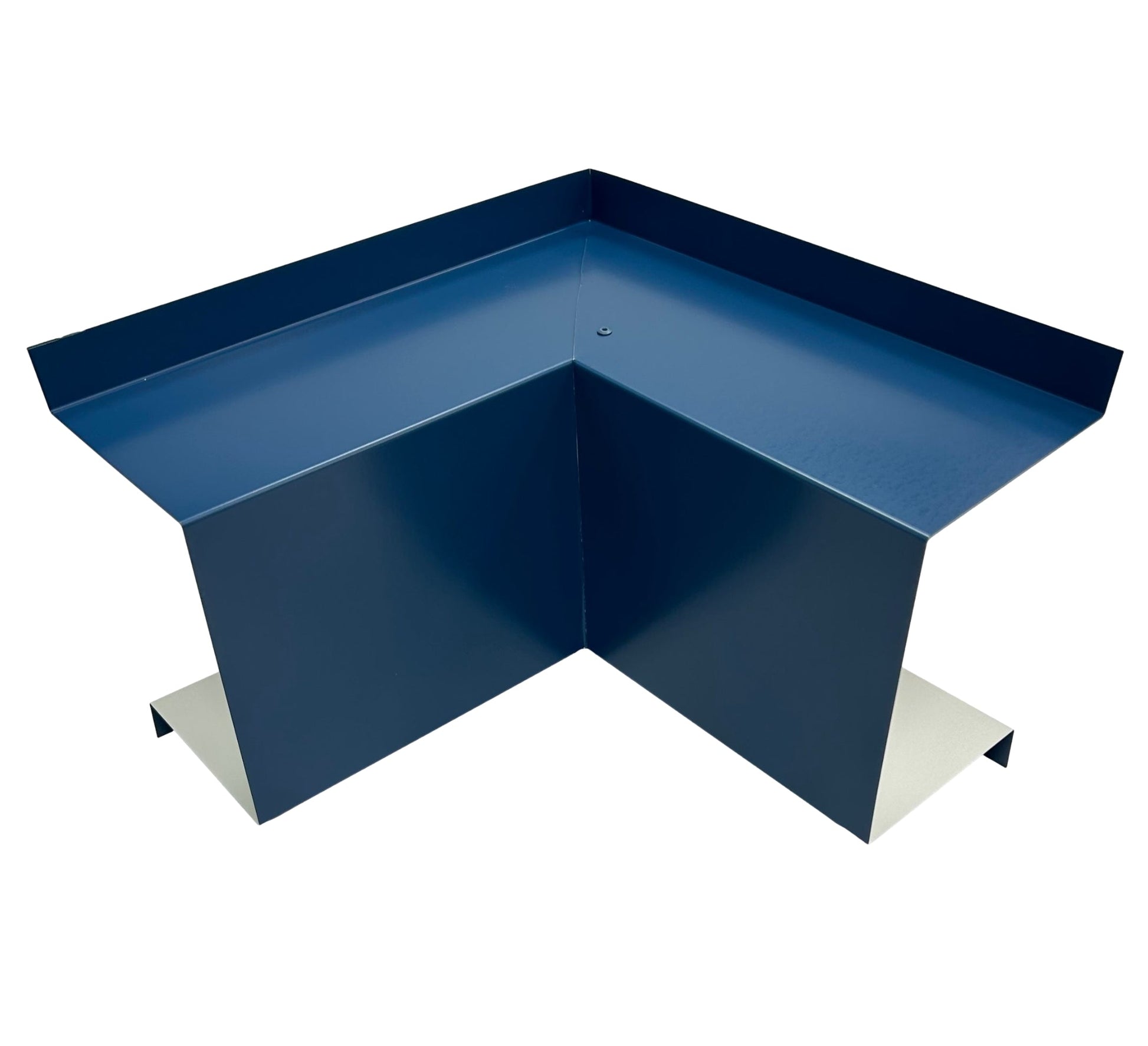 A Perma Cover Residential Series - Line Set Cover Inside Corner Elbows - Premium Quality is shaped like an inverted "V" to cover a roof valley. Painted dark blue, it has raised edges on both sides and a flat top with a simple, sleek design, making it versatile enough for various HVAC installations.