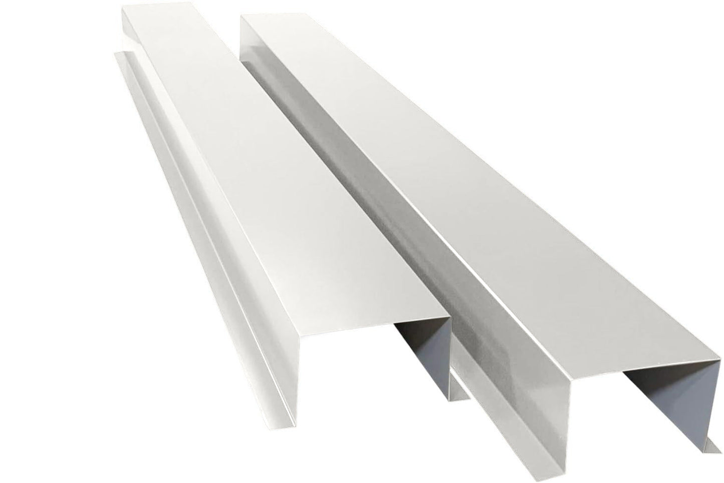 Two elongated, white metal Z-bars, crafted from 24 gauge painted metal, are positioned parallel to each other on a white background. With a Z-shaped cross-section and sharp, clean edges, these bars provide essential HVAC line protection in Perma Cover's Commercial Series - 24 Gauge Painted Metal HVAC Line Set Covers - Heavy Duty, Multiple Sizes & Colors applications.