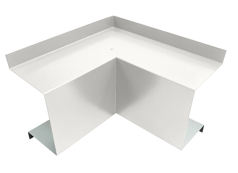 A white, metallic gutter corner section with clean lines and a slightly textured surface, designed for seamless fitting at a roof corner to channel rainwater efficiently. This premium-quality piece features angled sides and a flat base for easy installation, similar to Commercial Series - 24 Gauge Line Set Cover Inside Corner Elbows - Premium Quality by Perma Cover in HVAC line set covers.