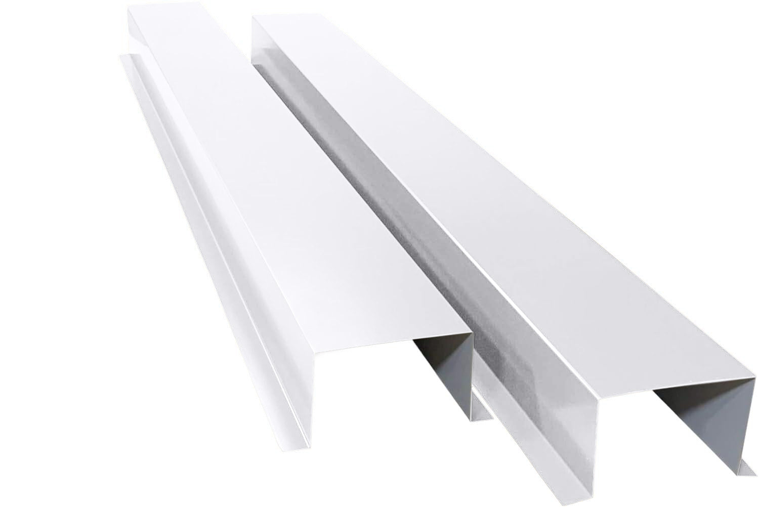 Two pieces of white, L-shaped metal brackets are placed parallel to each other on a white background. Designed for structural support, these Perma Cover Commercial Series - 24 Gauge Painted Metal HVAC Line Set Covers - Heavy Duty, Multiple Sizes & Colors boast a smooth, clean finish suitable for HVAC line protection.