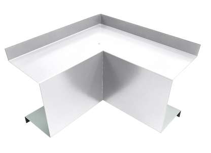 A premium quality metal corner piece with a crisp, angular design features a vertical wall flange and horizontal floor flange, forming a right-angle bracket. The Perma Cover Commercial Series - 24 Gauge Line Set Cover Inside Corner Elbows - Premium Quality reflect light off their smooth surfaces, making them ideal for HVAC line set cover installations.