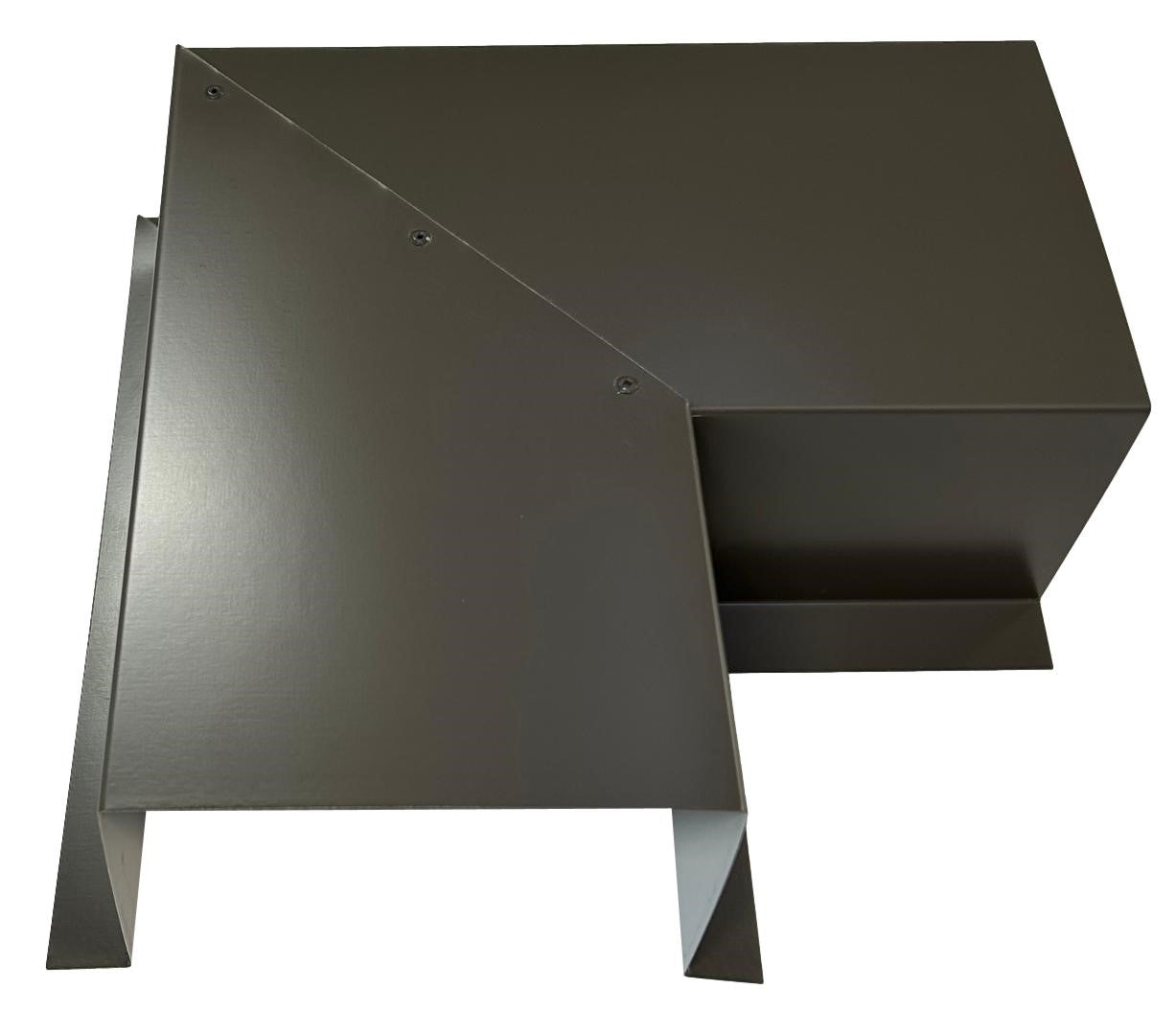A matte-finished, gray metal sheet shaped into a complex geometric form with angled bends and three visible screws securing a folded section. The Perma Cover Residential Series - Line Set Cover Side Turning Elbows - Premium Quality, ideal for HVAC line sets, is positioned against a white background, displaying its angular design and edges.