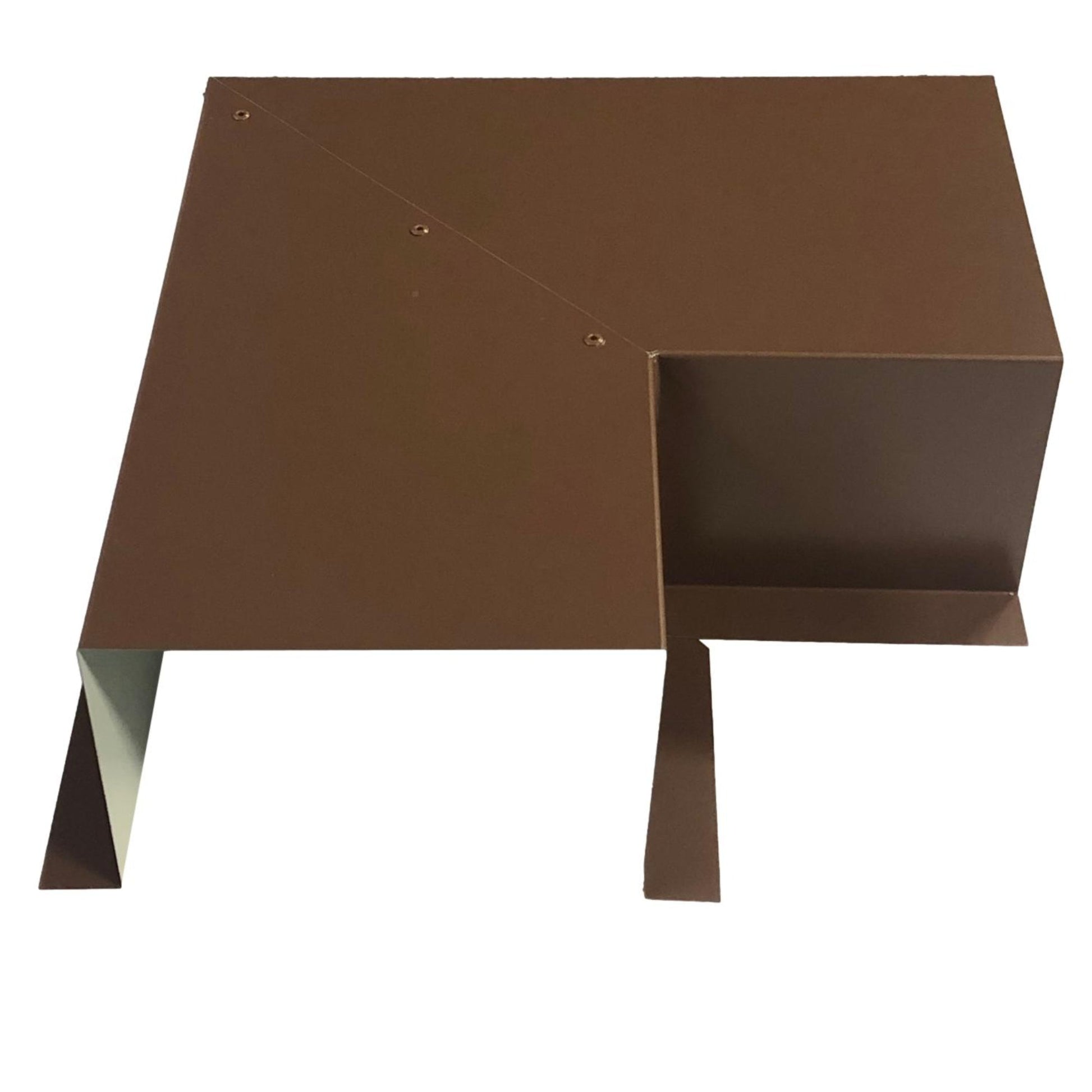 A brown, rectangular metal piece with several folds and angles, forming an abstract geometric shape. The piece features a section bent downward and another section with upward folds, creating an intricate design. Made from Perma Cover's Residential Series - Line Set Cover Side Turning Elbows - Premium Quality, it ensures easy installation against the white backdrop.