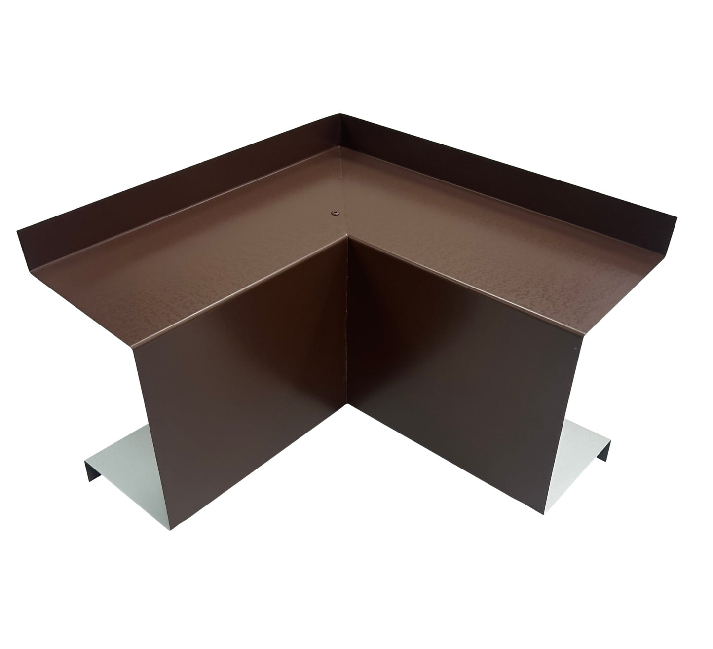 A brown L-shaped metal Perma Cover Residential Series - Line Set Cover Inside Corner Elbows - Premium Quality with a vertical section extending downwards, likely used for protecting or reinforcing the corners of walls or structures. The guard has a smooth surface and could be useful in HVAC installations, particularly for inside corner elbows. Placed on a white background.
