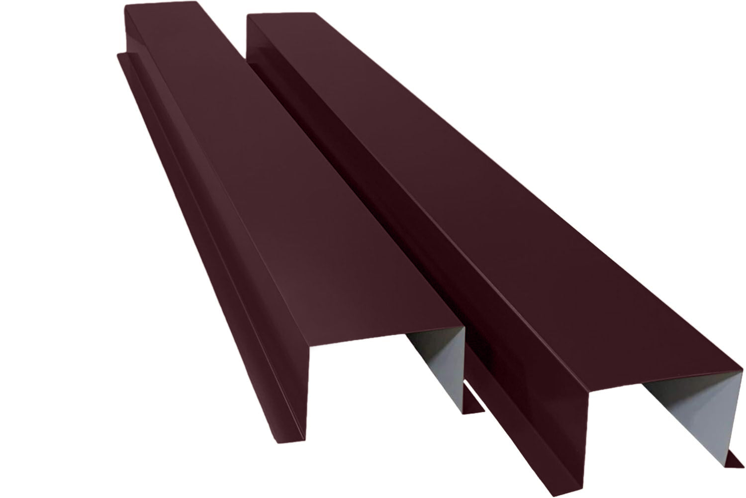 Two dark red metal J-channel pieces lying parallel to each other. Each piece has a rectangular profile with the top and bottom edges folded inward to form a J-shape. Made from 24 gauge painted metal, these Perma Cover Commercial Series - 24 Gauge Painted Metal HVAC Line Set Covers - Heavy Duty, Multiple Sizes & Colors provide sturdy HVAC line protection with their crisp, clean edges and uniform color.