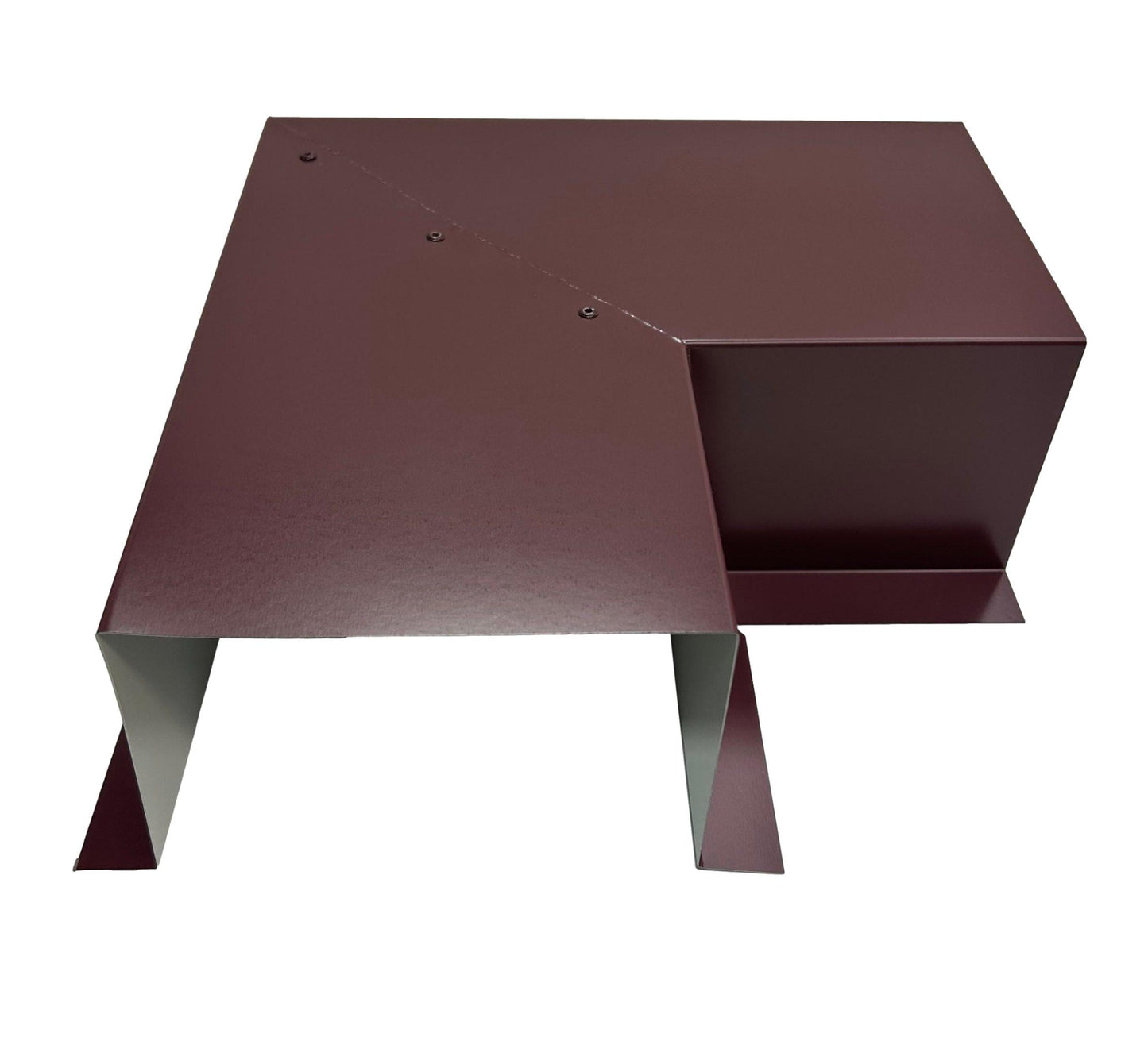 A maroon-colored, L-shaped metal fabrication piece with a flat top and two vertical sides of different lengths. Designed for easy installation, the piece has visible screws along the top surface and appears to be crafted for specific structural or construction use. Ideal for HVAC line sets. *Introducing the Perma Cover Residential Series - Line Set Cover Side Turning Elbows - Premium Quality.*