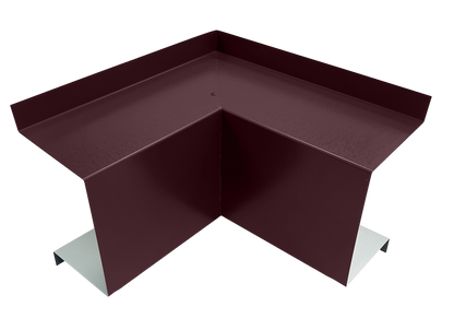 A dark red, L-shaped metal piece with a vertical divider in the center and two flat extensions on either side. This premium quality object appears to be a Perma Cover Commercial Series - 24 Gauge Line Set Cover Inside Corner Elbows - Premium Quality, possibly for use in construction or roofing, ideal for HVAC line set covers.