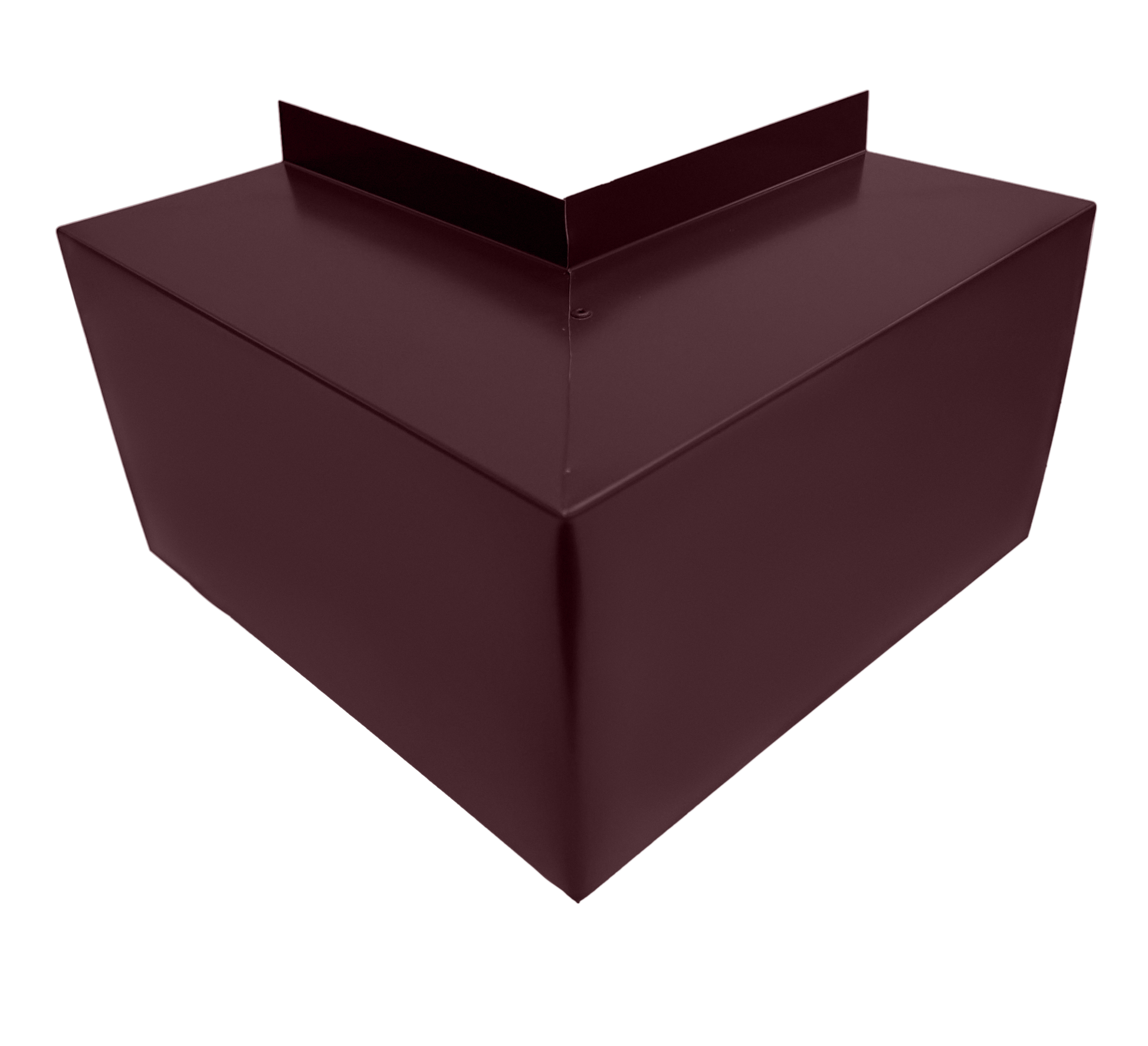 A maroon-colored metal object with a geometric design, featuring straight edges and a raised central section forming a right-angle corner, crafted from Perma Cover Commercial Series - 24 Gauge Line Set Cover Outside Corner Elbows - Premium Quality. The surface has a smooth, matte finish for easy installation.