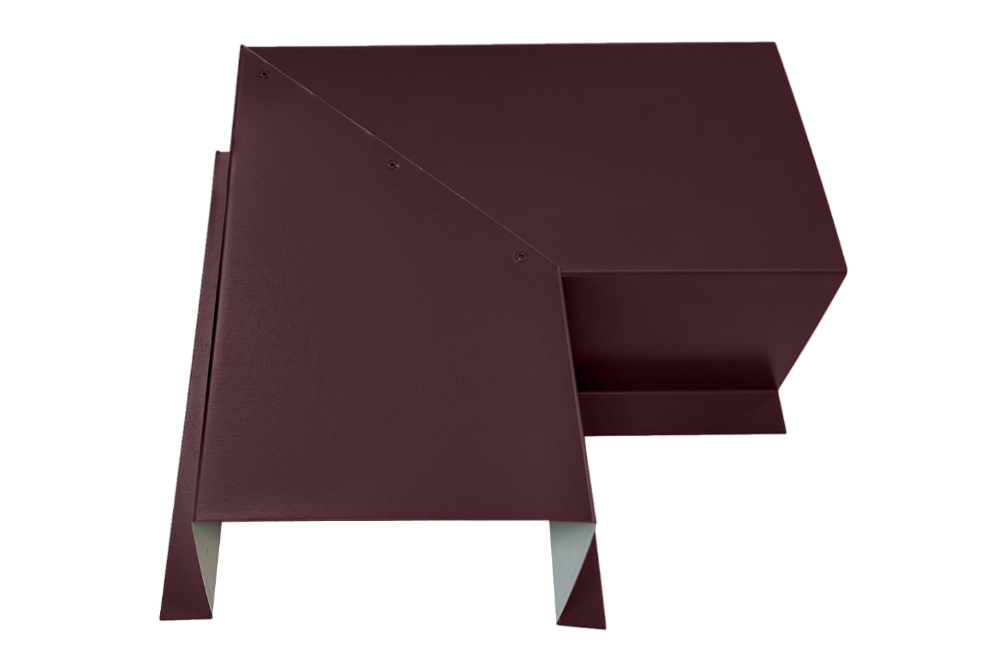 A Perma Cover Commercial Series - 24 Gauge Line Set Cover Side Turning Elbows - Premium Quality, maroon-colored, angular metal object with clean lines and sharp edges, featuring a folded and overlapping geometric design. Made from premium quality 24 gauge steel, the structure has an L-shaped profile with multiple flat surfaces and pointed ends.